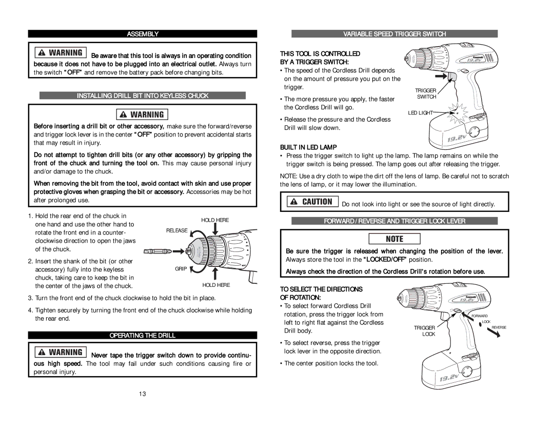 Kawasaki 840097 Assembly Variable Speed Trigger Switch, Installing Drill BIT Into Keyless Chuck, Operating the Drill 