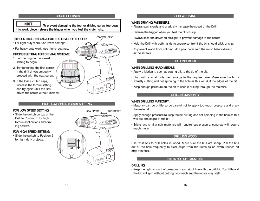 Kawasaki 840097 Torque Settings, Screwdriving, Drilling Metal, Drilling Masonry High / LOW Speed Gear Shifting 