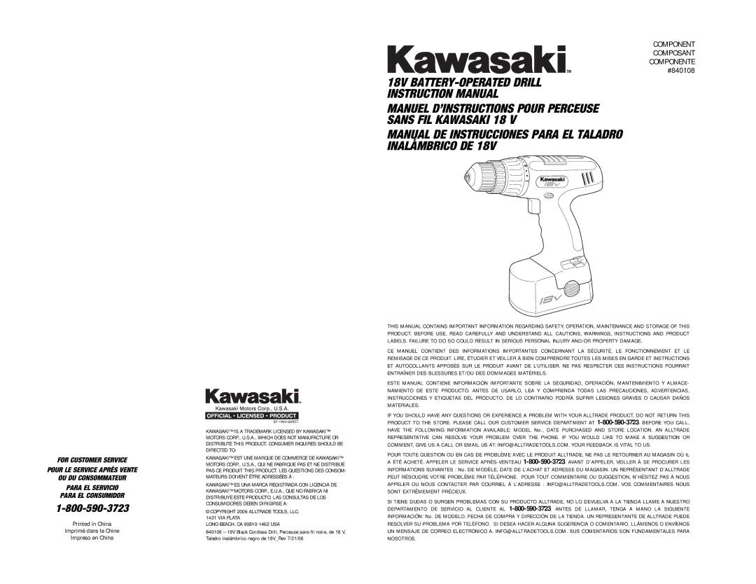 Kawasaki 840108 instruction manual Manual DE Instrucciones Para EL Taladro Inalámbrico DE 