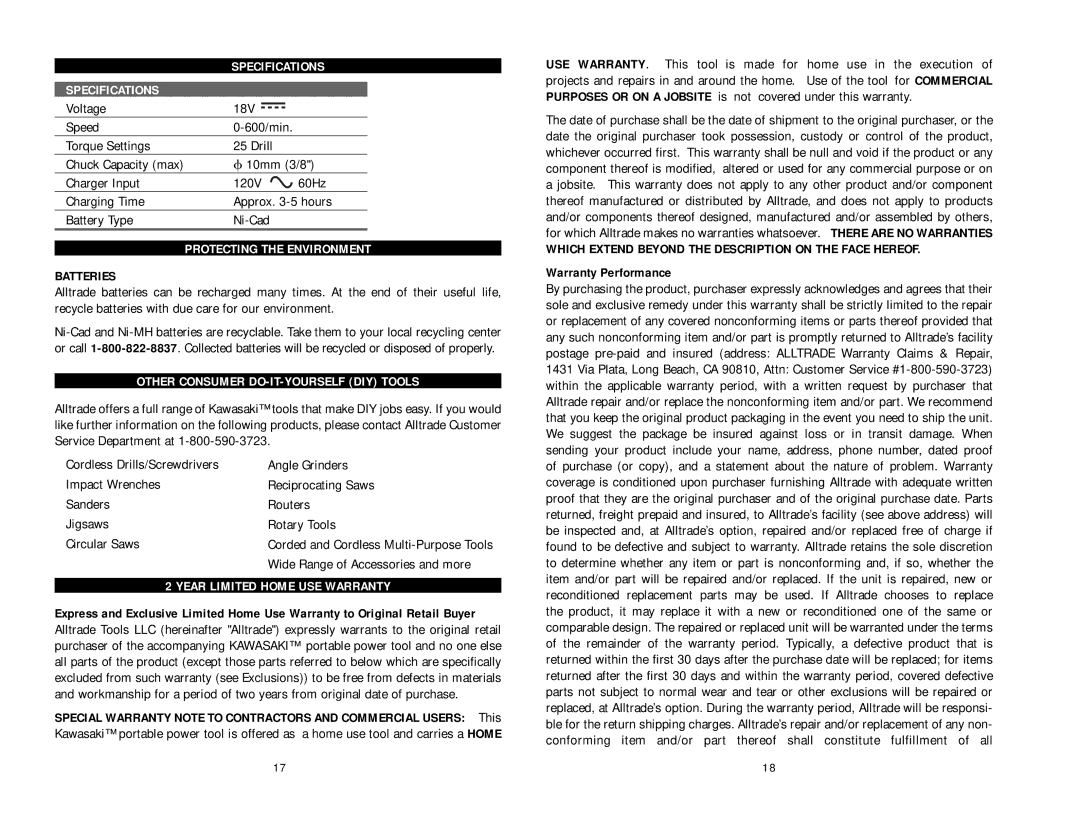 Kawasaki 840108 instruction manual Specifications, Protecting the Environment, Other Consumer DO-IT-YOURSELF DIY Tools 