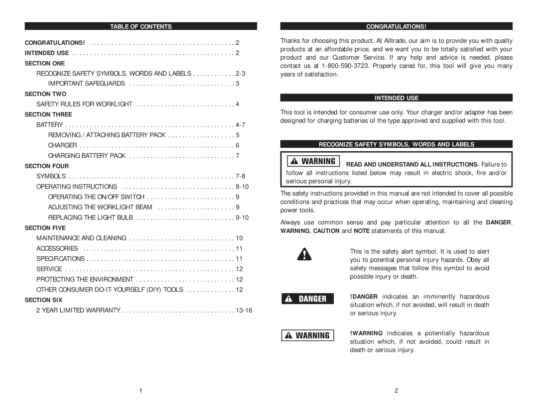 Kawasaki 840108 Table of Contents, Congratulations, Intended USE, Recognize Safety SYMBOLS, Words and Labels 