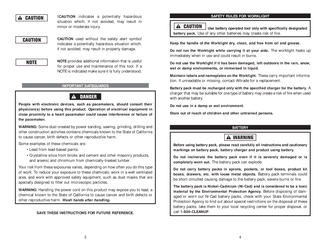 Kawasaki 840108 instruction manual Important Safeguards, Safety Rules for Worklight, Battery 