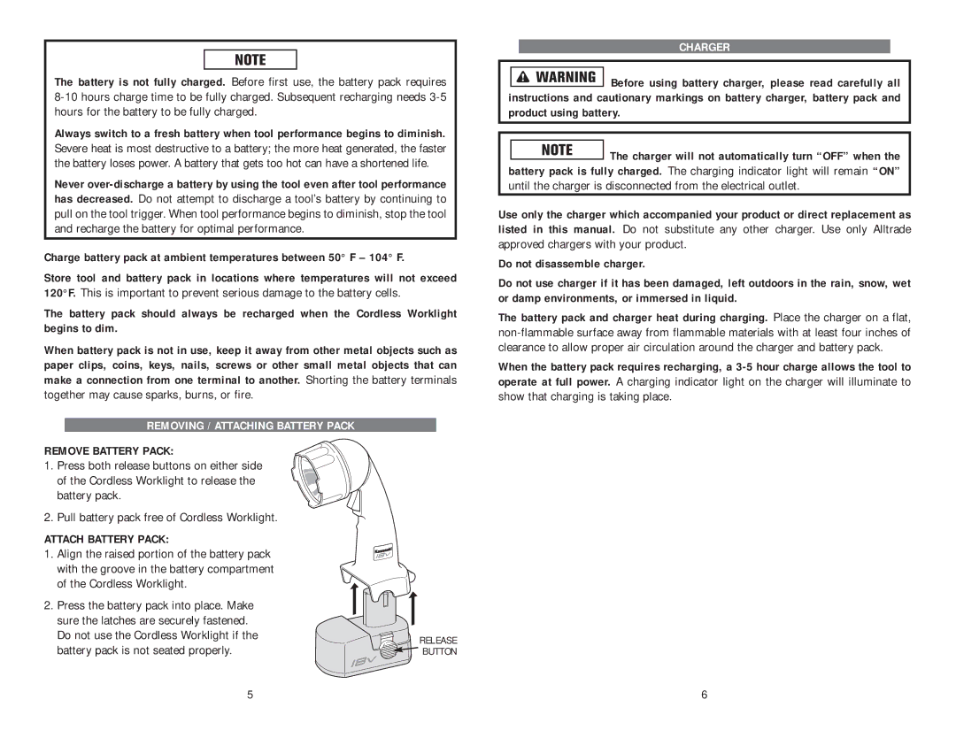 Kawasaki 840108 instruction manual Charger, Removing / Attaching Battery Pack 