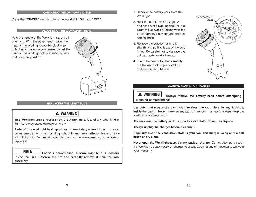 Kawasaki 840108 instruction manual Adjusting the Worklight Beam, Replacing the Light Bulb, Maintenance and Cleaning 