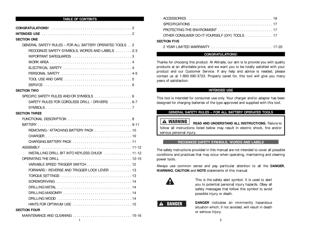 Kawasaki 840108 Table of Contents, Congratulations, Intended USE, General Safety Rules for ALL Battery Operated Tools 