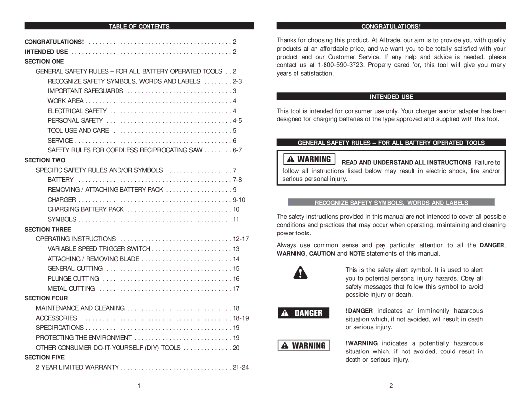 Kawasaki 840108 instruction manual Table of Contents, General Safety Rules for ALL Battery Operated Tools 