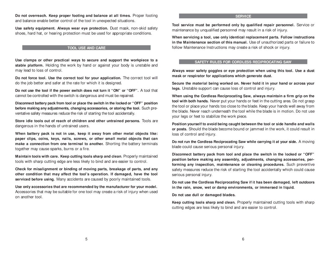 Kawasaki 840108 instruction manual Tool USE and Care, Safety Rules for Cordless Reciprocating SAW 