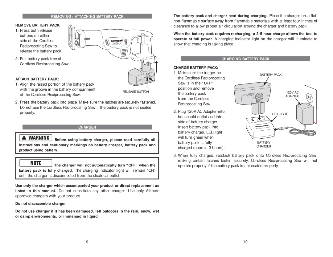 Kawasaki 840108 instruction manual Charging Battery Pack, Remove Battery Pack 1. Press both release 