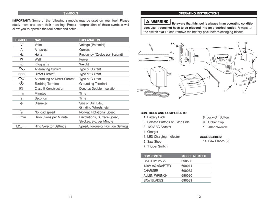 Kawasaki 840108 instruction manual 120V AC Adapter 