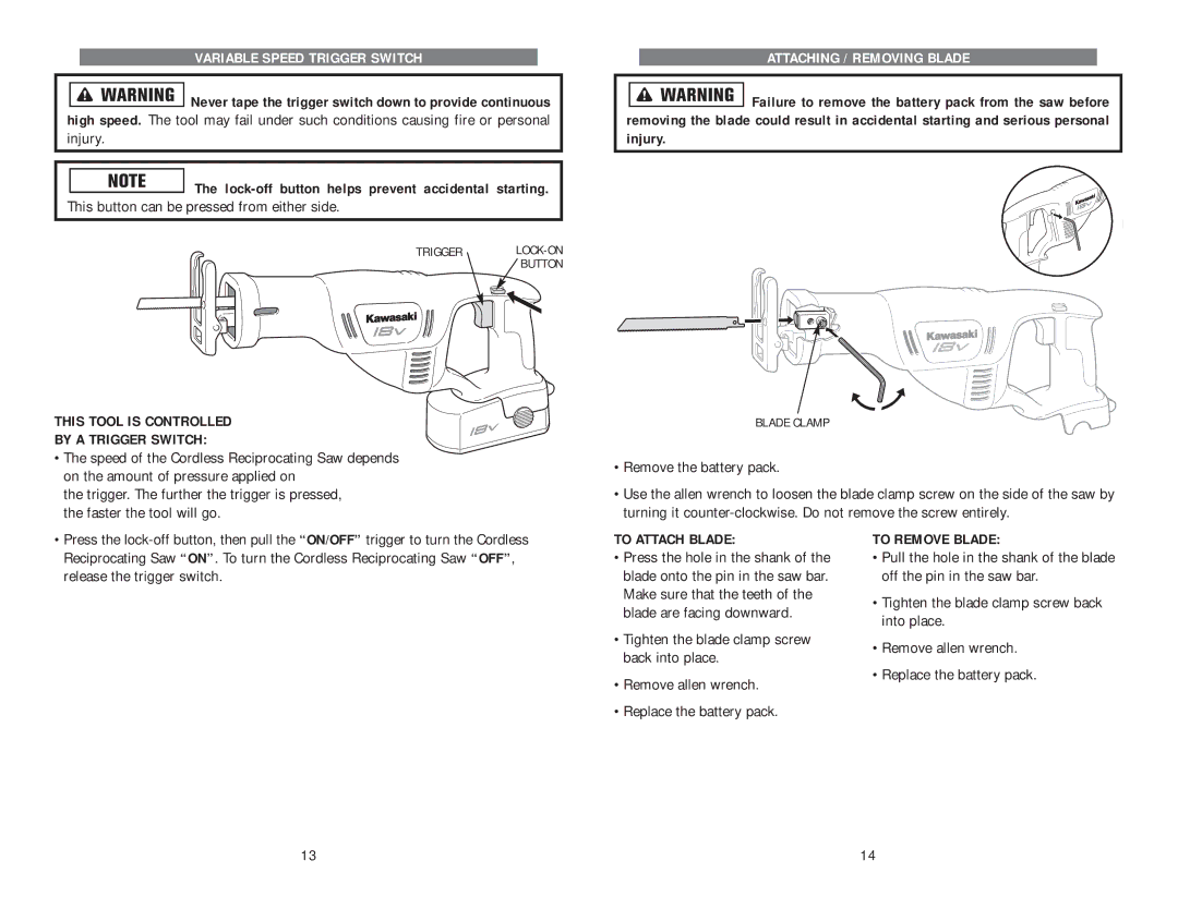 Kawasaki 840108 instruction manual Variable Speed Trigger Switch, Attaching / Removing Blade 