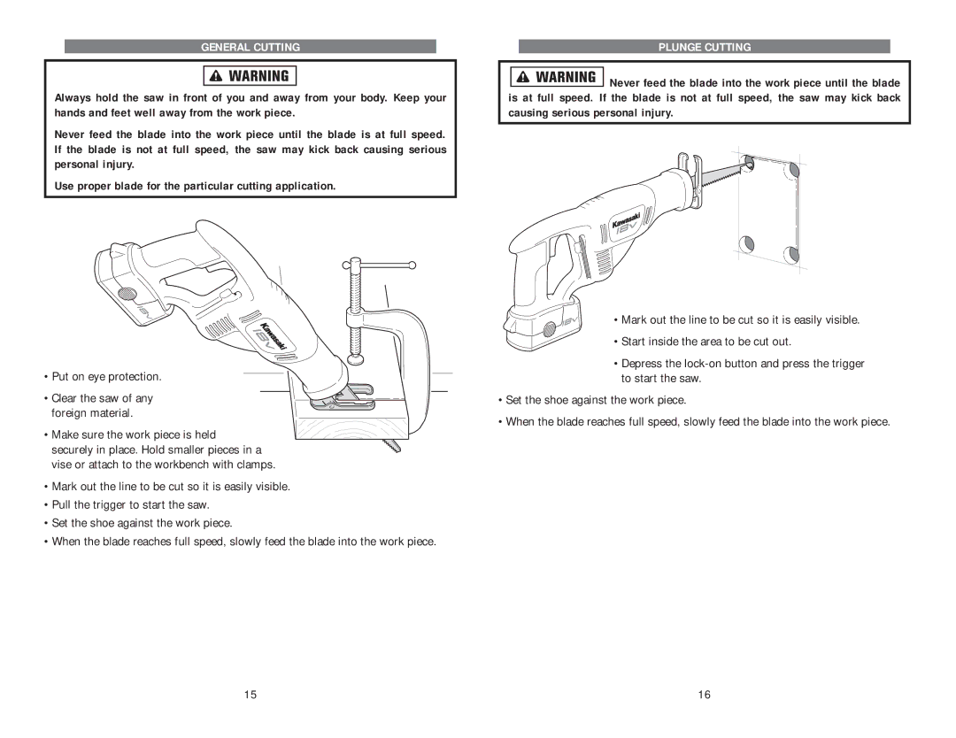 Kawasaki 840108 instruction manual General Cutting, Plunge Cutting 