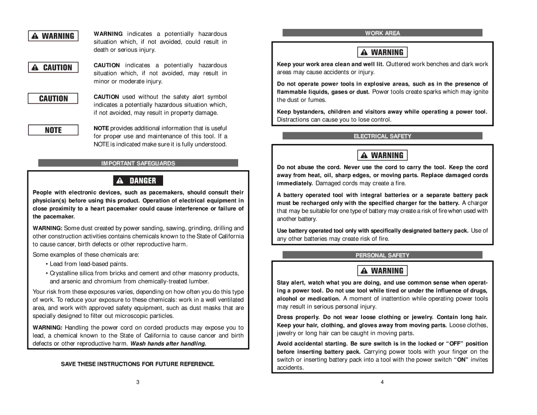 Kawasaki 840108 Important Safeguards, Save These Instructions for Future Reference, Work Area, Electrical Safety 