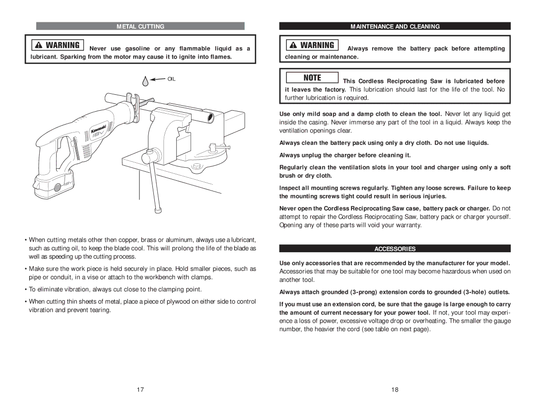 Kawasaki 840108 instruction manual Metal Cutting, Maintenance and Cleaning 