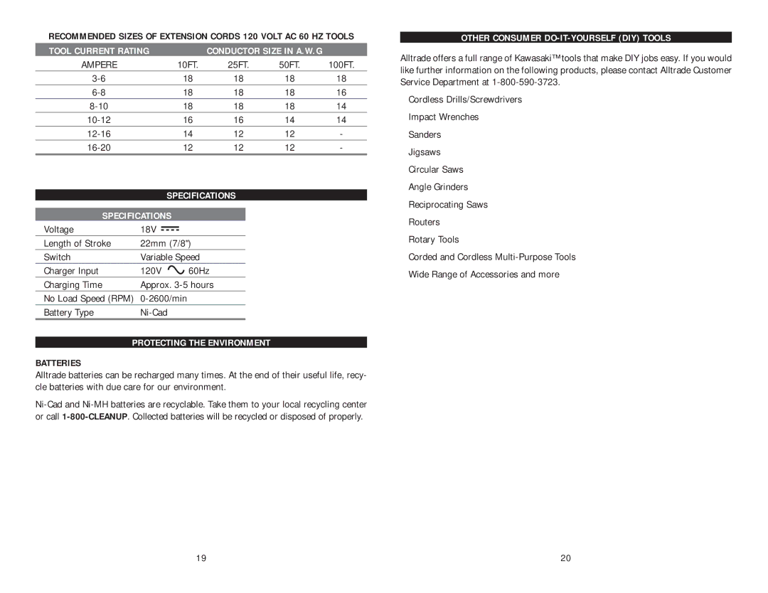 Kawasaki 840108 instruction manual Battery Type Ni-Cad 