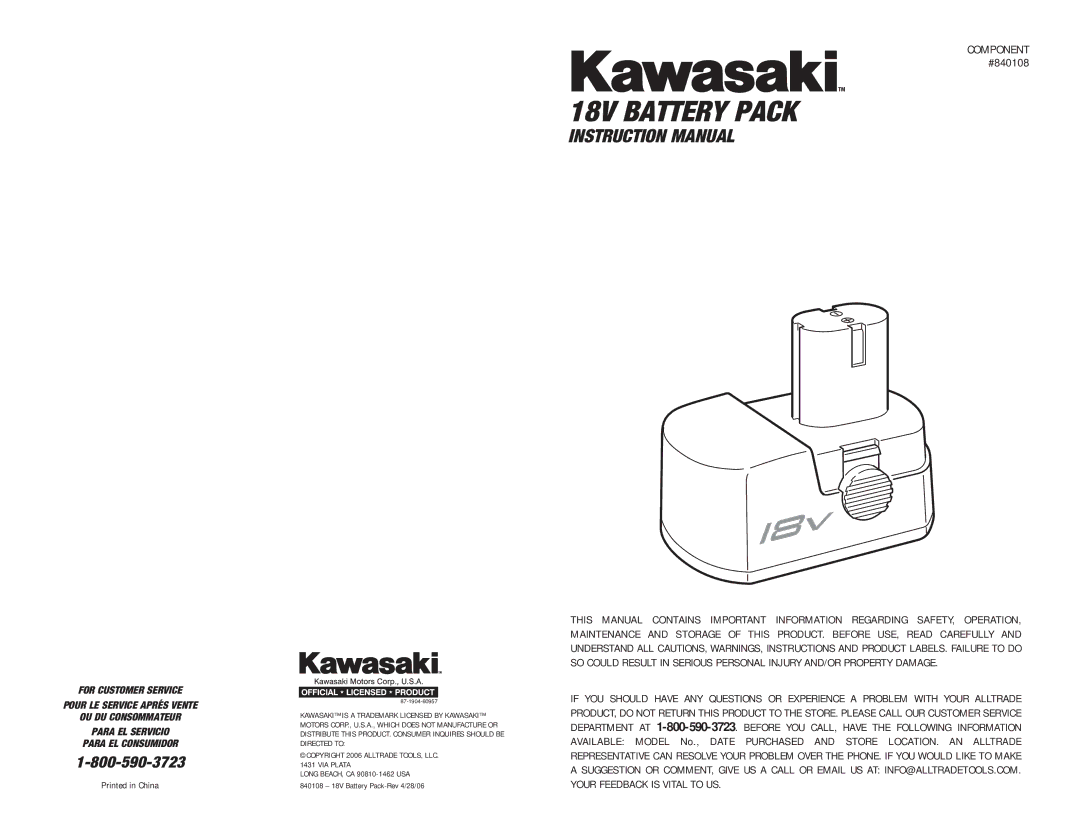 Kawasaki 840108 instruction manual 18V Battery Pack 