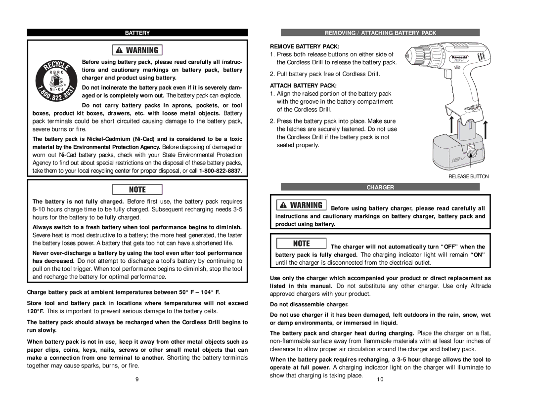 Kawasaki 840108 instruction manual Removing / Attaching Battery Pack, Remove Battery Pack, Attach Battery Pack, Charger 