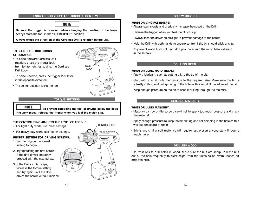 Kawasaki 840108 Forward / Reverse and Trigger Lock Lever, Torque Settings, Screw Driving, Drilling Metal, Drilling Masonry 