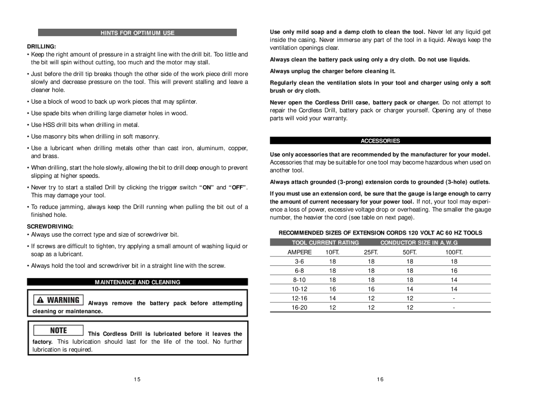 Kawasaki 840108 instruction manual Hints for Optimum USE, Maintenance and Cleaning, Accessories, Conductor Size in A.W.G 