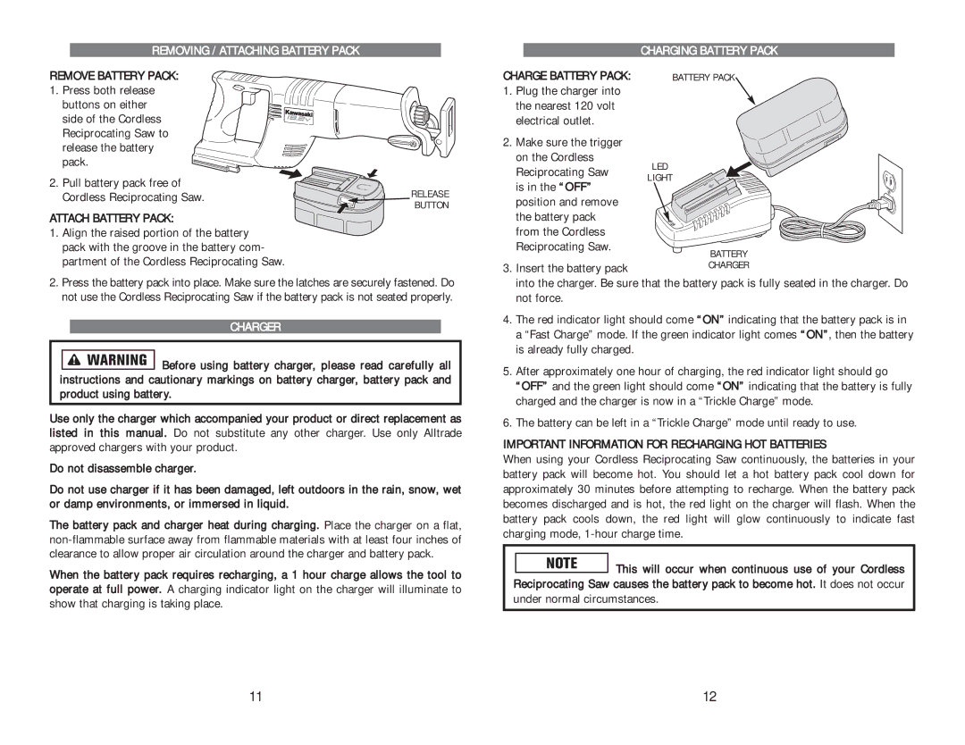 Kawasaki 840131-1HR manual Removing / Attaching Battery Pack, Attach Battery Pack, Charging Battery Pack, Charger 