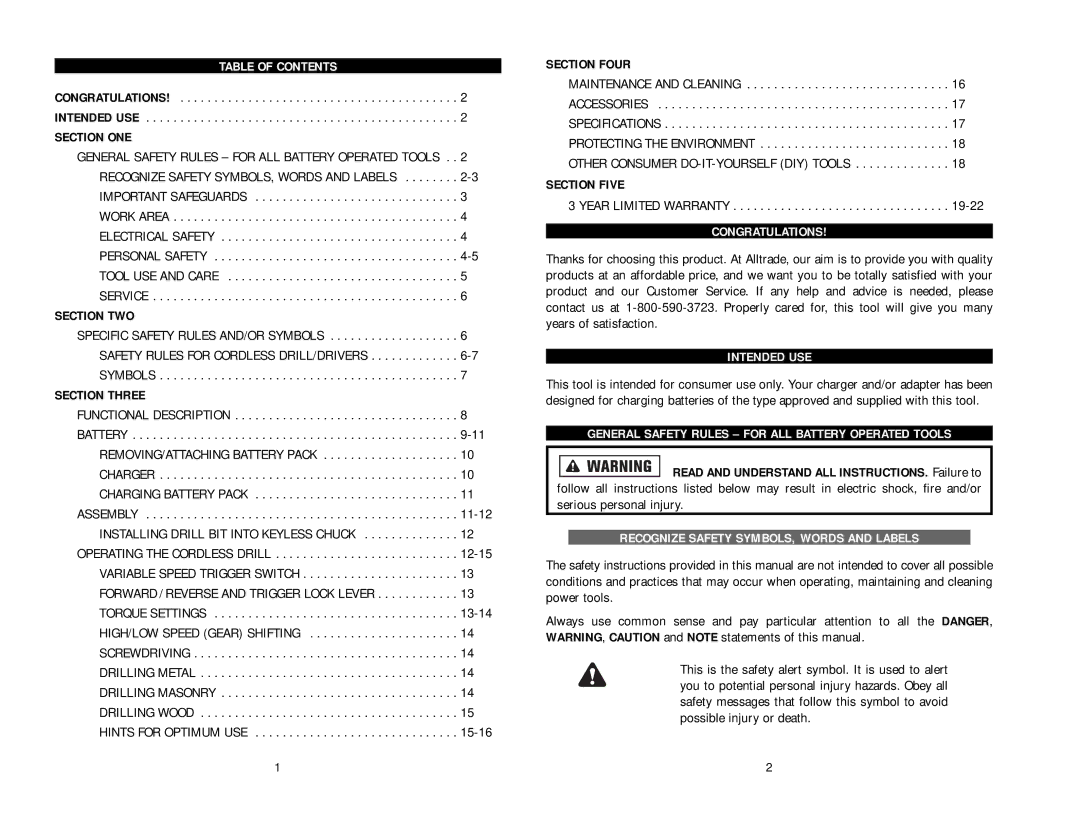 Kawasaki 840131-1HR Table of Contents, Congratulations, Intended USE, General Safety Rules for ALL Battery Operated Tools 