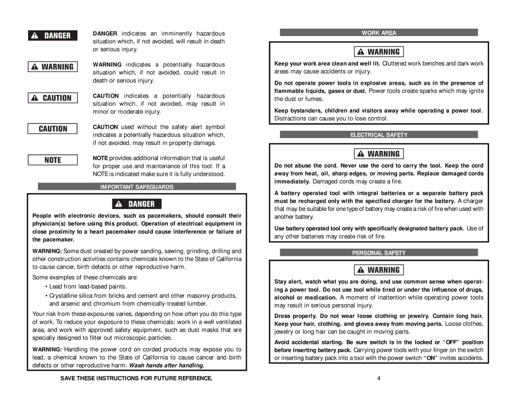 Kawasaki 840131-1HR manual Important Safeguards, Save These Instructions for Future Reference, Work Area, Electrical Safety 