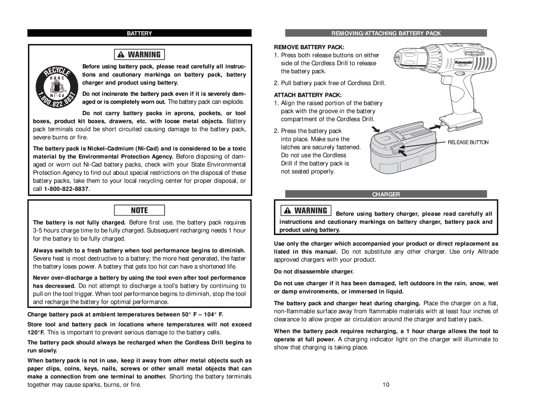 Kawasaki 840131-1HR manual REMOVING/ATTACHING Battery Pack, Remove Battery Pack, Attach Battery Pack, Charger 