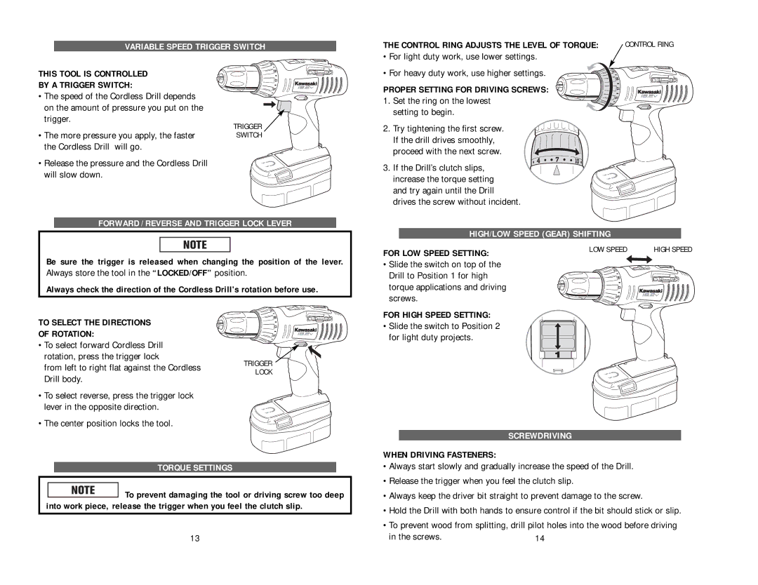 Kawasaki 840131-1HR Variable Speed Trigger Switch, Forward / Reverse and Trigger Lock Lever, Torque Settings, Screwdriving 