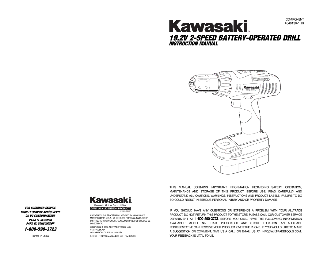 Kawasaki 840138-1HR instruction manual 19.2V 2-SPEED BATTERY-OPERATED Drill 