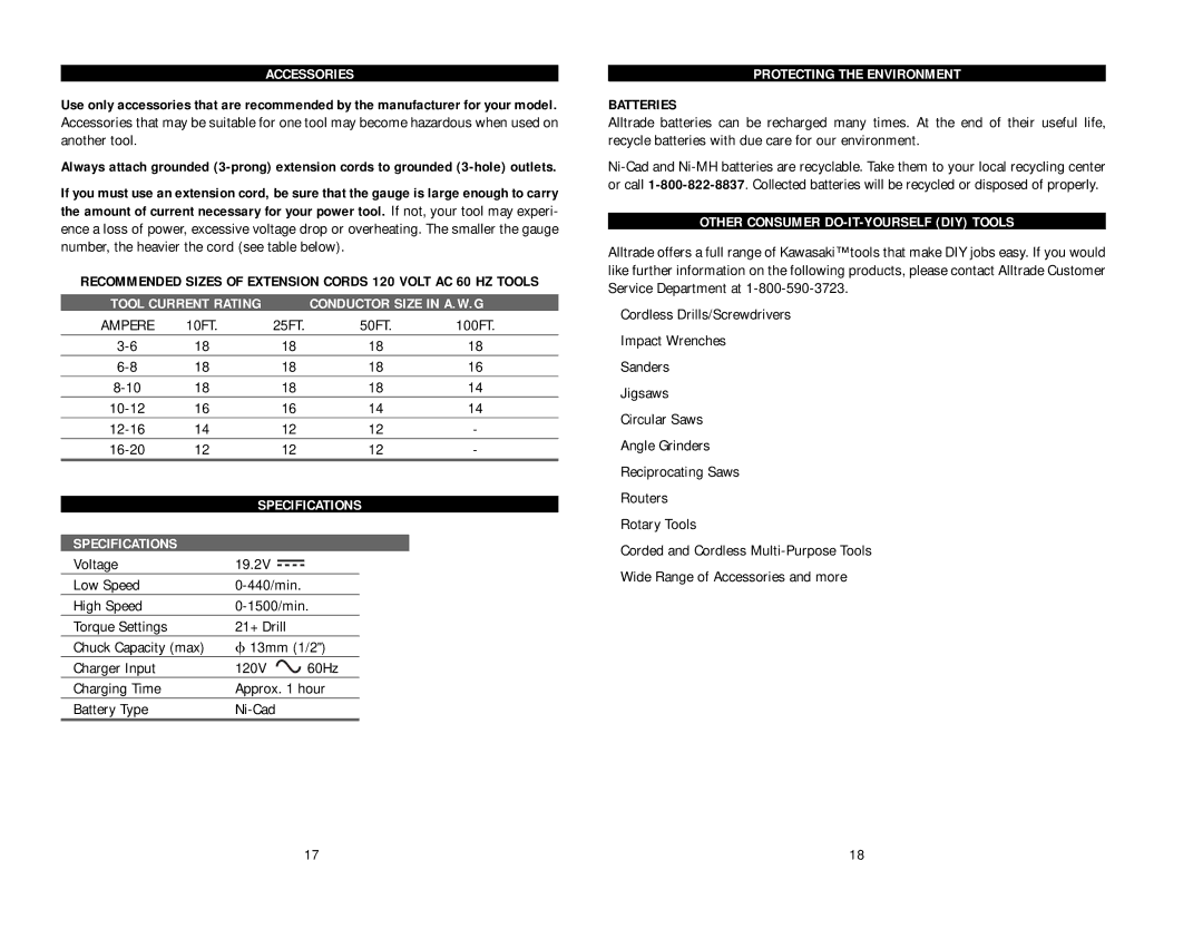 Kawasaki 840138-1HR instruction manual Accessories, Conductor Size in A.W.G, Specifications, Protecting the Environment 