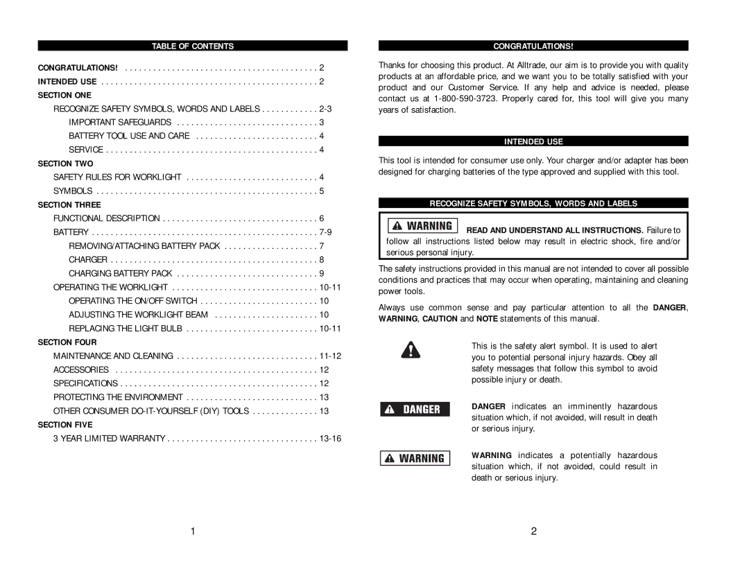 Kawasaki 840138-1HR instruction manual Safety Rules for Worklight Symbols 