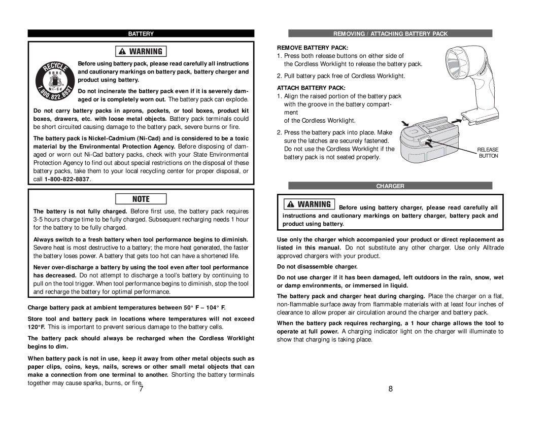 Kawasaki 840138-1HR instruction manual Removing / Attaching Battery Pack 