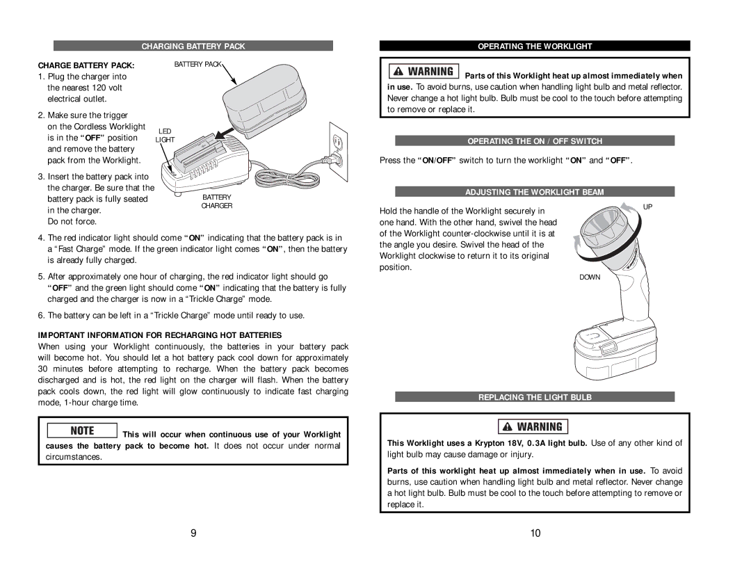 Kawasaki 840138-1HR Charge Battery Pack, Operating the Worklight, Operating the on / OFF Switch, Replacing the Light Bulb 