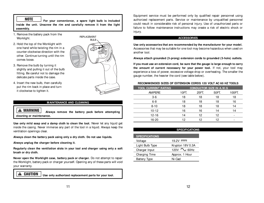 Kawasaki 840138-1HR instruction manual Recommended Sizes of Extension Cords 120 Volt AC 60 HZ Tools, Tool Current Rating 