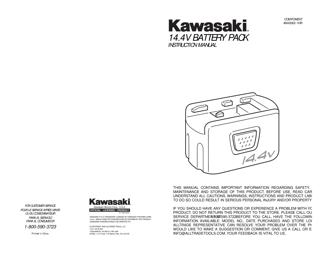 Kawasaki 840150 manual 14.4V Battery Pack 