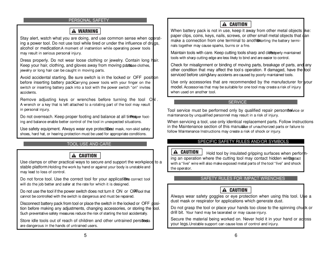 Kawasaki 840150 manual Personal Safety, Tool USE and Care, Service, Specific Safety Rules AND/OR Symbols 