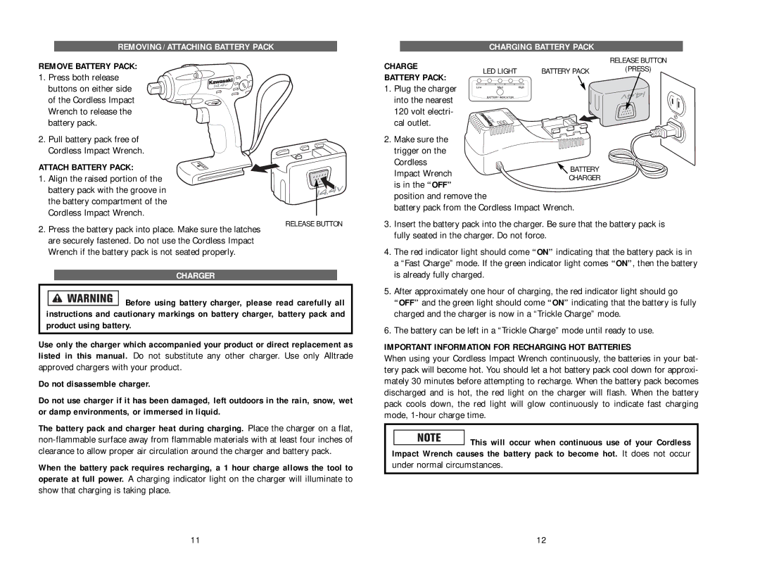 Kawasaki 840150 manual Removing / Attaching Battery Pack Charging Battery Pack, Attach Battery Pack, Charger 