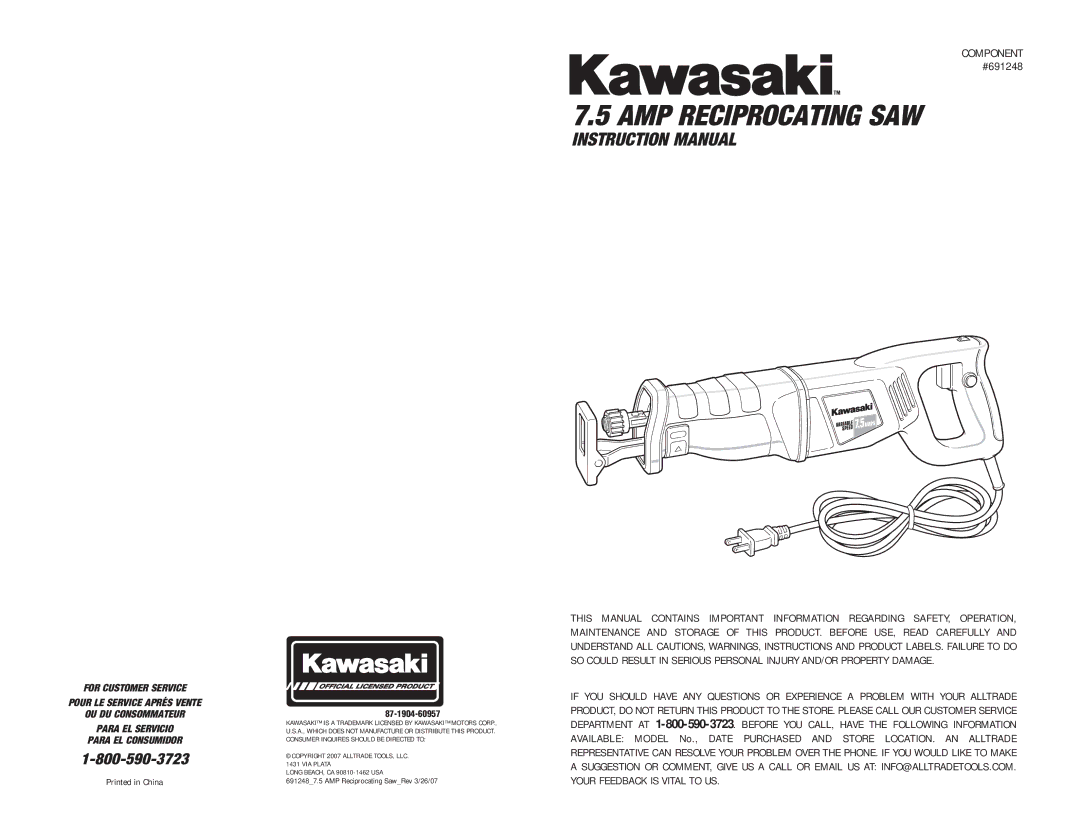 Kawasaki 840184 instruction manual AMP Reciprocating SAW 