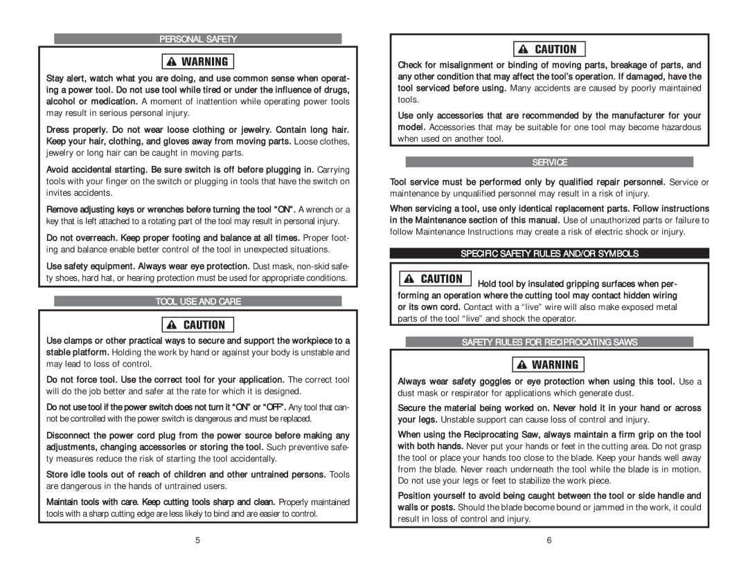 Kawasaki 840184 instruction manual Personal Safety, Tool USE and Care, Service, Specific Safety Rules AND/OR Symbols 