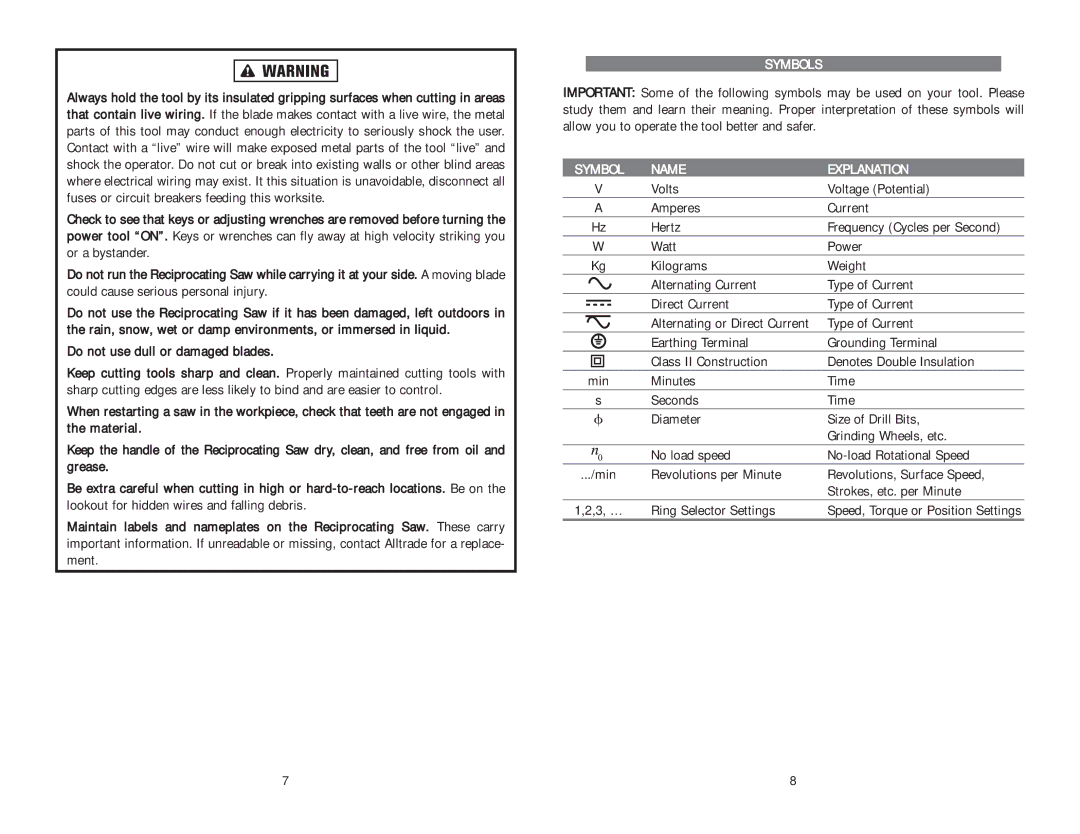 Kawasaki 840184 Do not use dull or damaged blades, Symbols, Symbol Name Explanation, Ring Selector Settings 