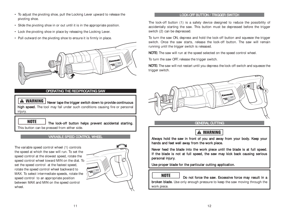 Kawasaki 840184 Operating the Reciprocating SAW, Variable Speed Control Wheel, LOCK-OFF Button / Trigger Switch 