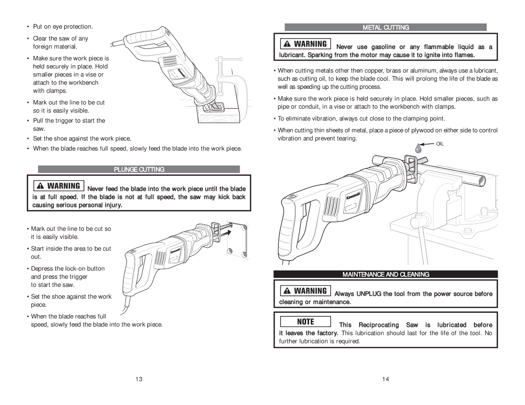 Kawasaki 840184 instruction manual Put on eye protection, Plunge Cutting, Metal Cutting, Maintenance and Cleaning 