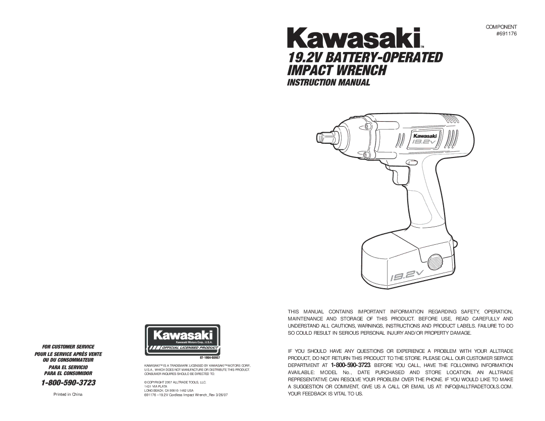 Kawasaki 840223 instruction manual 19.2V BATTERY-OPERATED Impact Wrench 