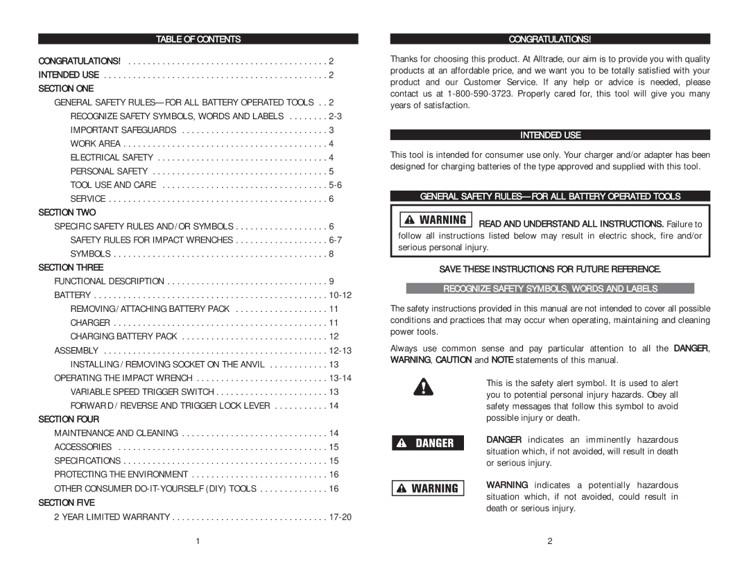 Kawasaki 840223 Table of Contents, Congratulations, Intended USE, General Safety RULES-FOR ALL Battery Operated Tools 