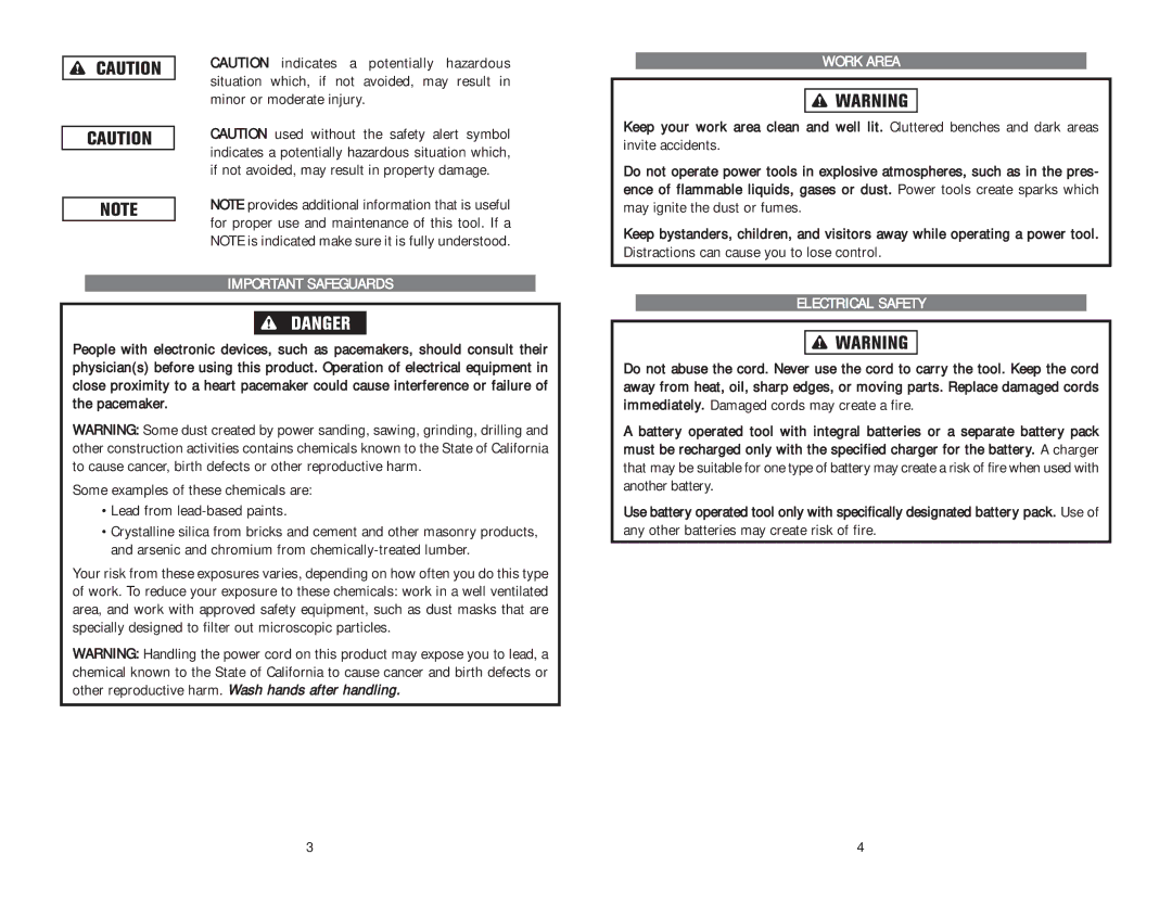 Kawasaki 840223 instruction manual Important Safeguards, Work Area, Electrical Safety 