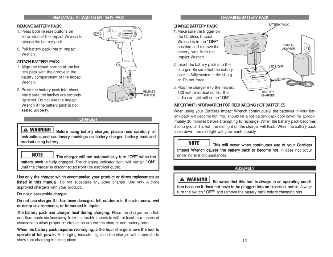 Kawasaki 840223 instruction manual Removing / Attaching Battery Pack Charging Battery Pack, Charger, Assembly 