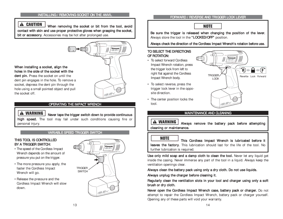 Kawasaki 840223 instruction manual Installing / Removing Socket on the Anvil, Forward / Reverse and Trigger Lock Lever 