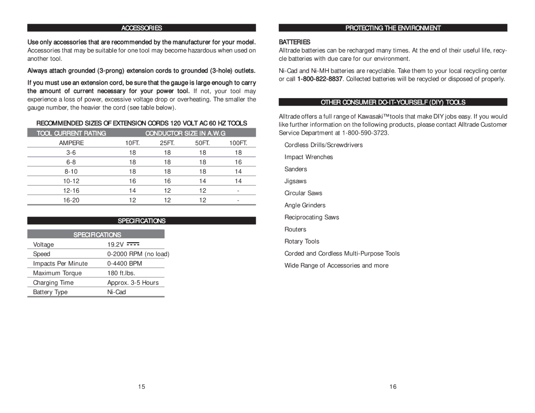 Kawasaki 840223 instruction manual Accessories, Specifications, Protecting the Environment, Batteries 