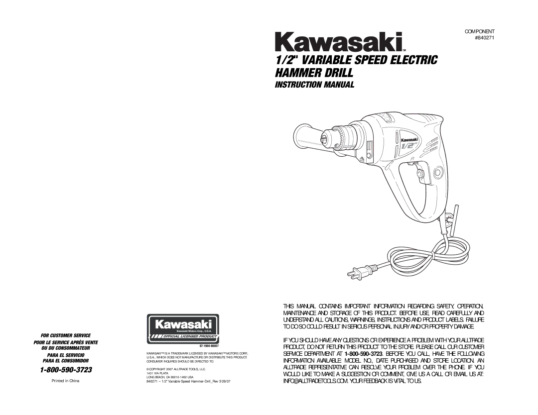 Kawasaki 840271 instruction manual Variable Speed Electric Hammer Drill 