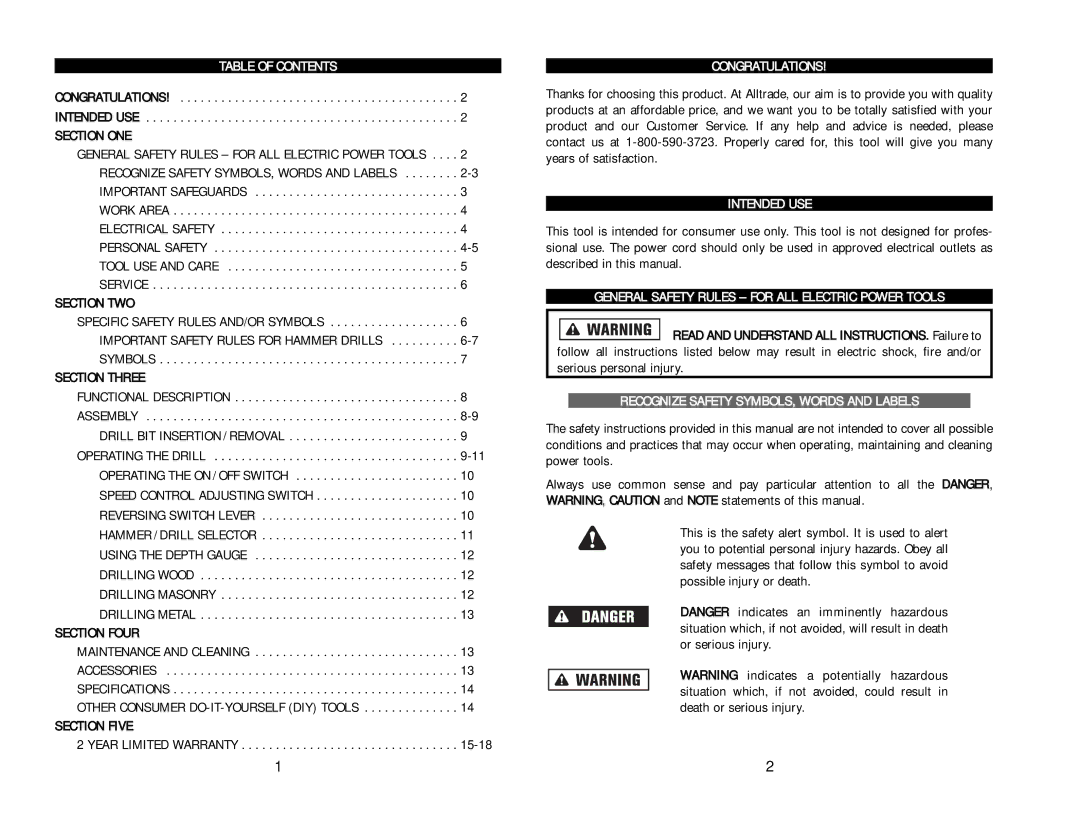 Kawasaki 840271 Table of Contents, Congratulations, Intended USE, General Safety Rules for ALL Electric Power Tools 