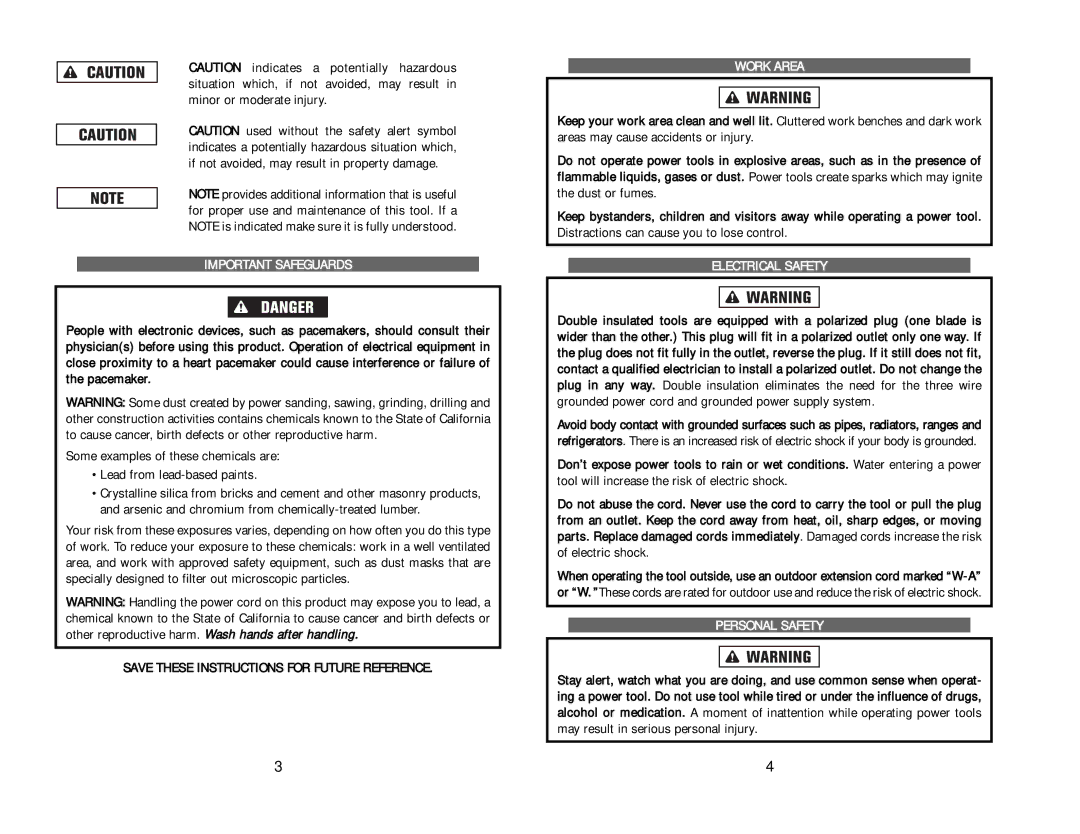 Kawasaki 840271 Important Safeguards, Save These Instructions for Future Reference, Work Area, Electrical Safety 